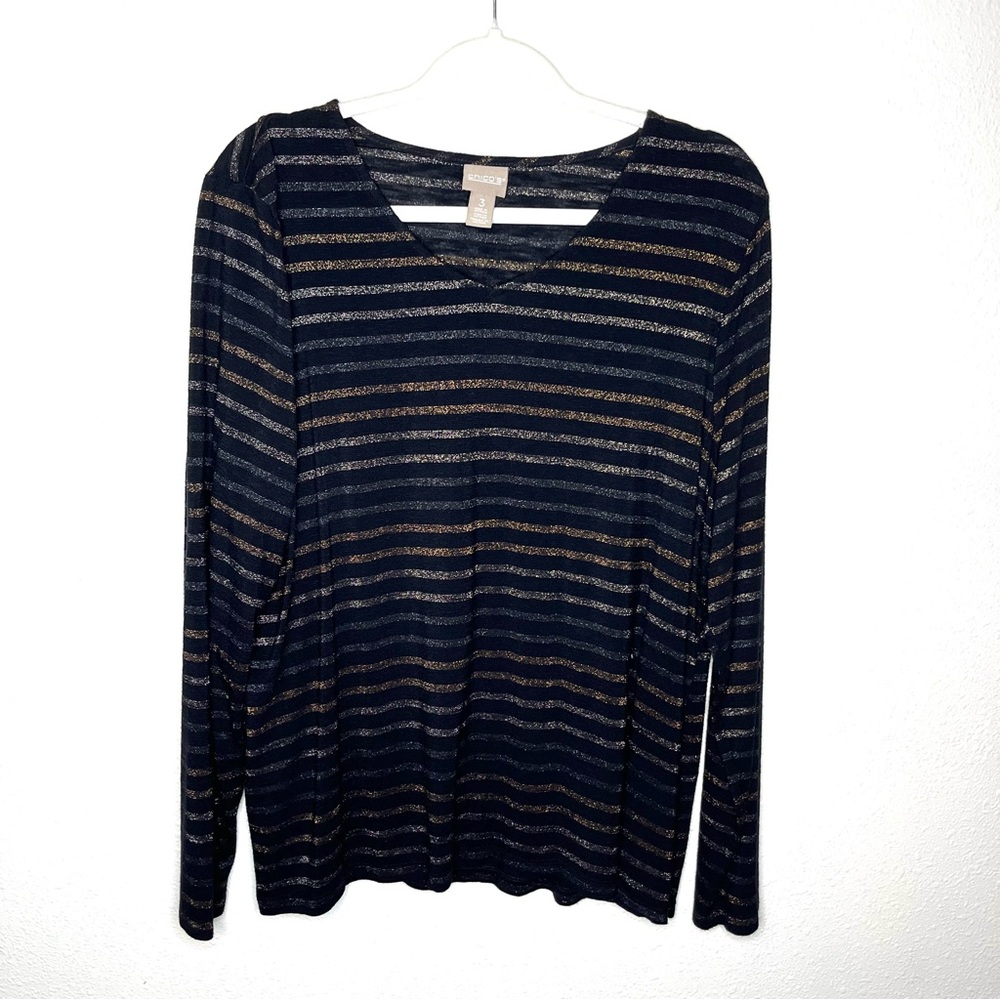 Chico's black metallic striped knit top long sleeve sz 3 XL Xxl vneck